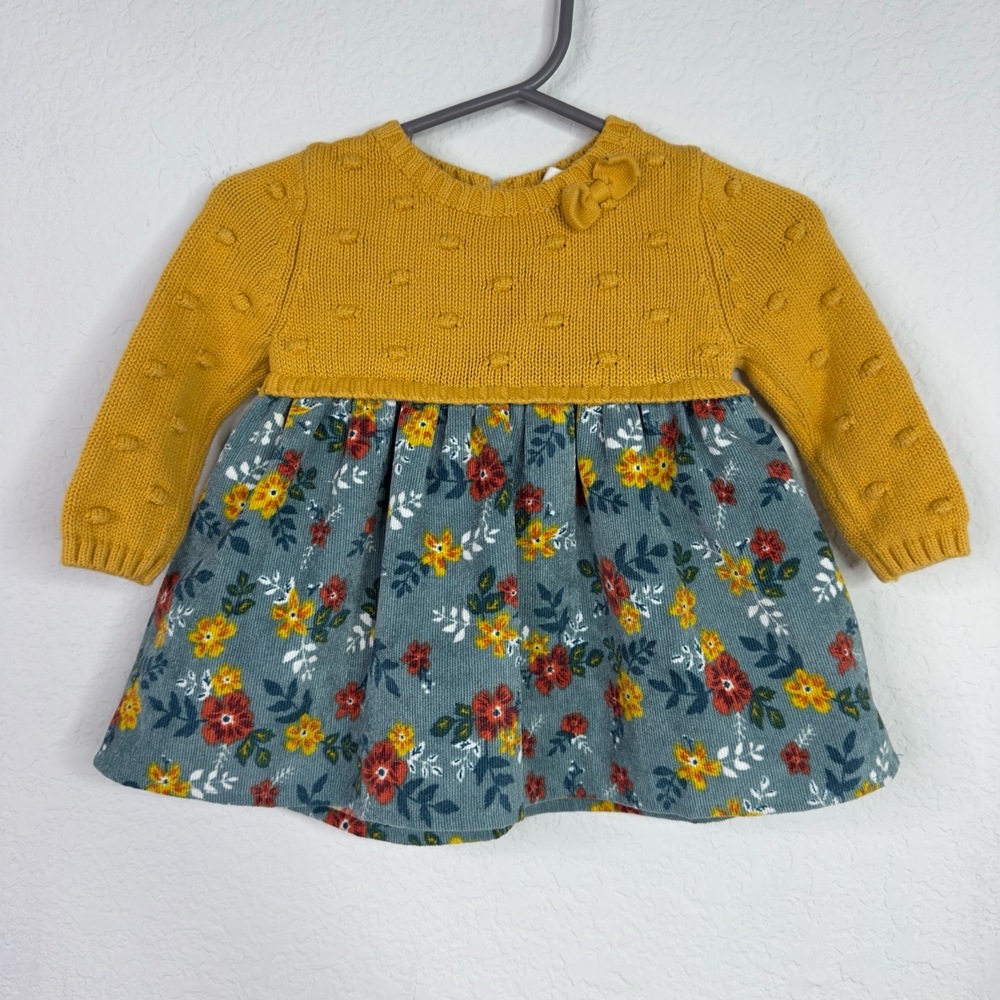 Rachel Ashwell Dress Girls 0-3M Yellow Knit Floral Pleated Long Sleeve Coquette